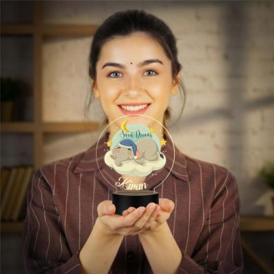 Personalized Sweet Dreams Elephant LED Night Light with Warm White Nursery Decor with Moon and Stars Theme Bedside Kids Room Desk Table Lamp